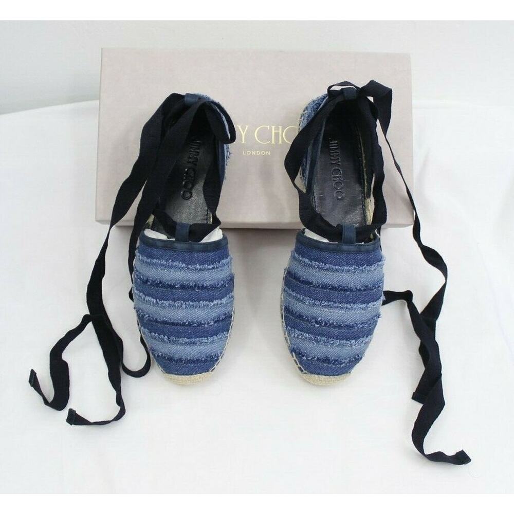 JIMMY CHOO Dolphin Espadrelle Denim Jean Light Indigo Flat Shoes sz 37/ 7 $$475